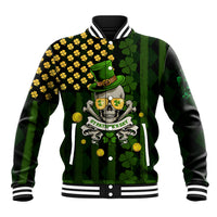 Unisex black baseball jacket with green shamrock skull front graphic and striped rib trim