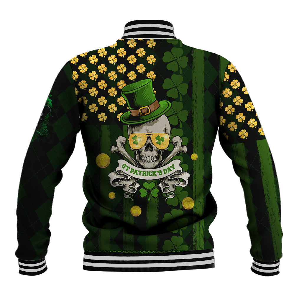 Unisex black baseball jacket with green shamrock skull back graphic and striped rib trim