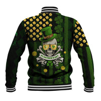 Unisex black baseball jacket with green shamrock skull back graphic and striped rib trim