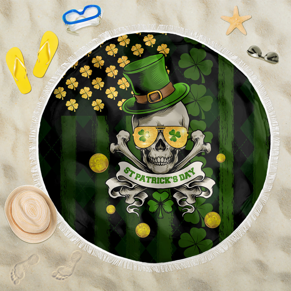 St Patrick's Day skull beach blanket, black-and-green round design with white fringe border