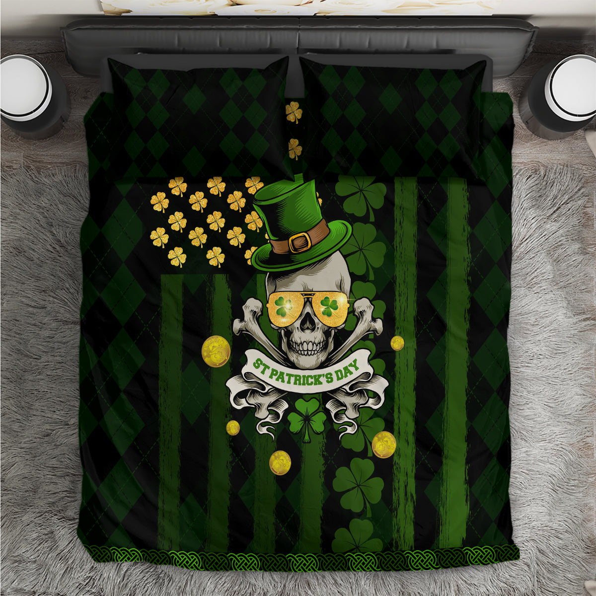 St Patrick's Day Skull Bedding Set American Flag Shamrock - Wonder Print Shop