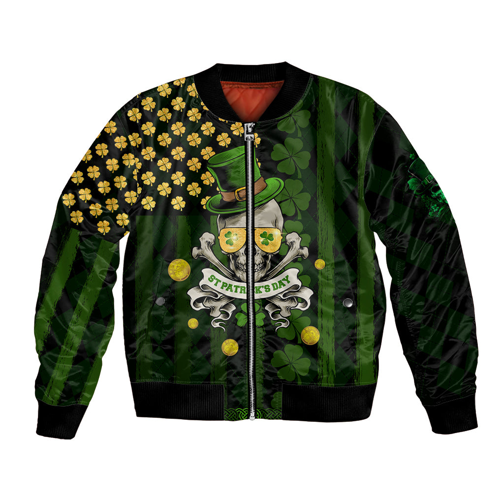 Unisex black bomber jacket with green shamrock and skull graphic, front zip