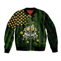 Unisex black bomber jacket with green shamrock and skull graphic, front zip