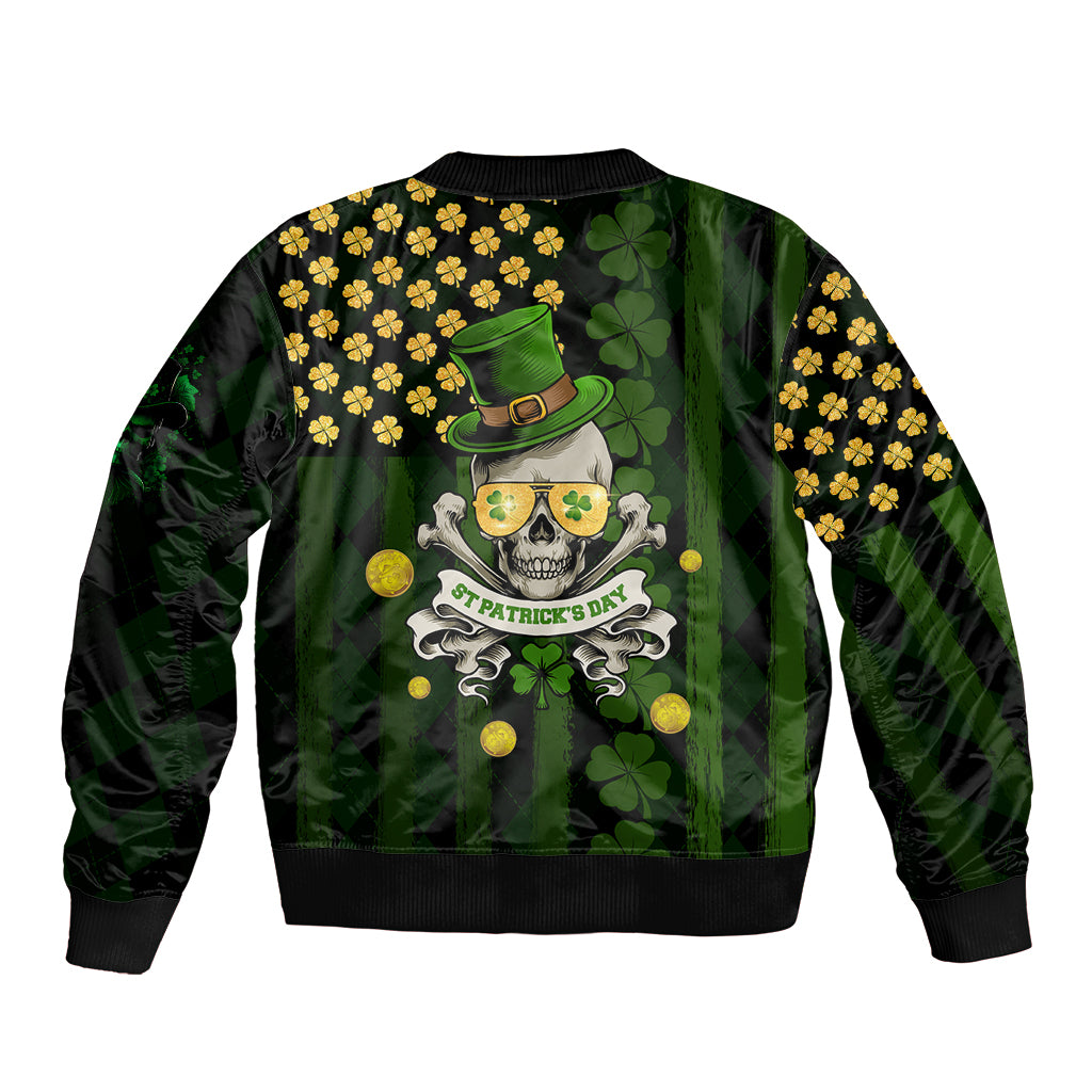 Unisex black bomber jacket with green shamrock skull graphic, back view