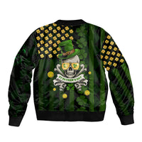 Unisex black bomber jacket with green shamrock skull graphic, back view