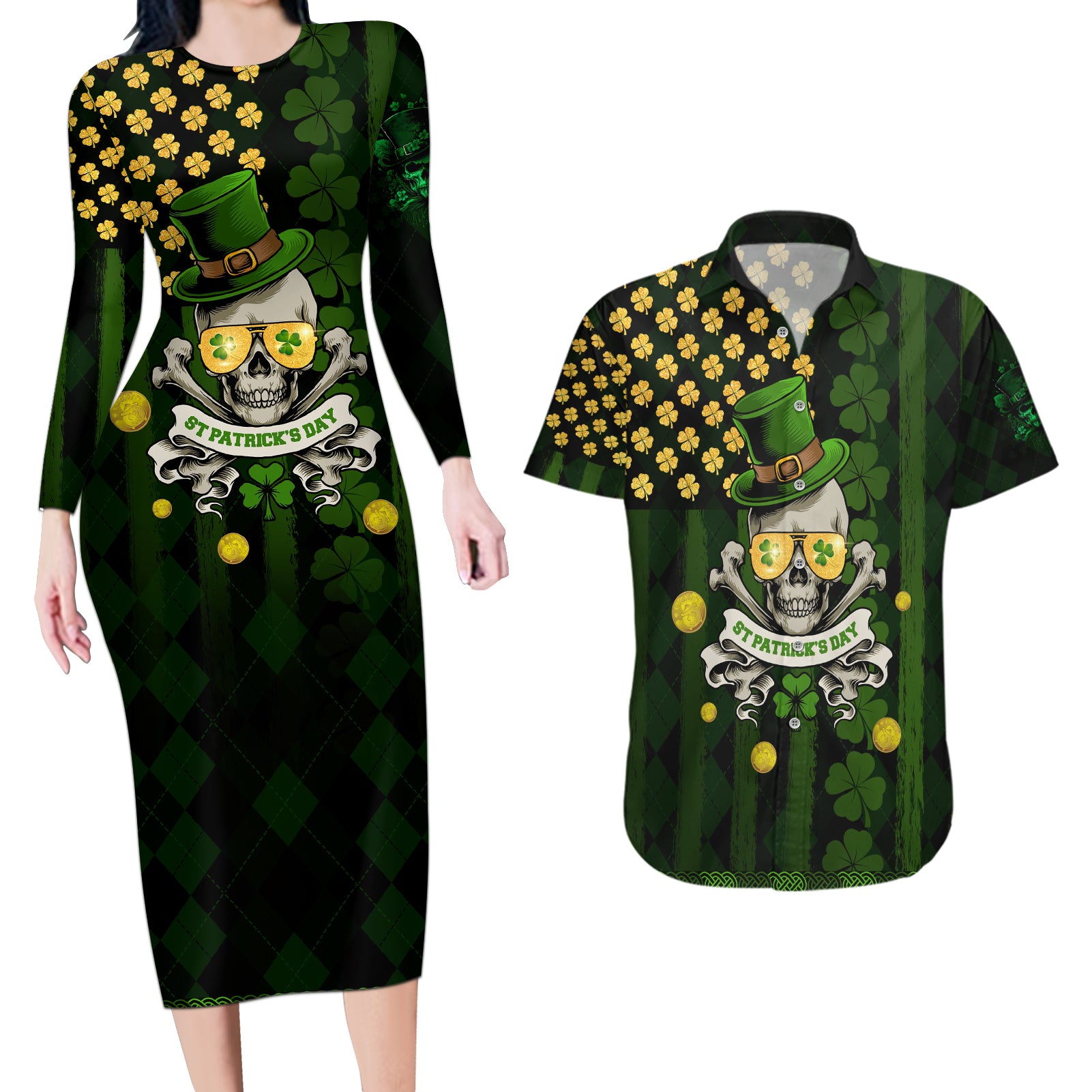 St Patrick's Day Skull Couples Matching Long Sleeve Bodycon Dress and Hawaiian Shirt American Flag Shamrock - Wonder Print Shop