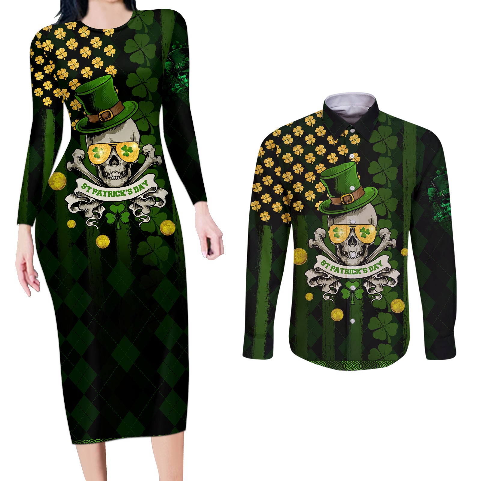 St Patrick's Day Skull Couples Matching Long Sleeve Bodycon Dress and Long Sleeve Button Shirt American Flag Shamrock - Wonder Print Shop