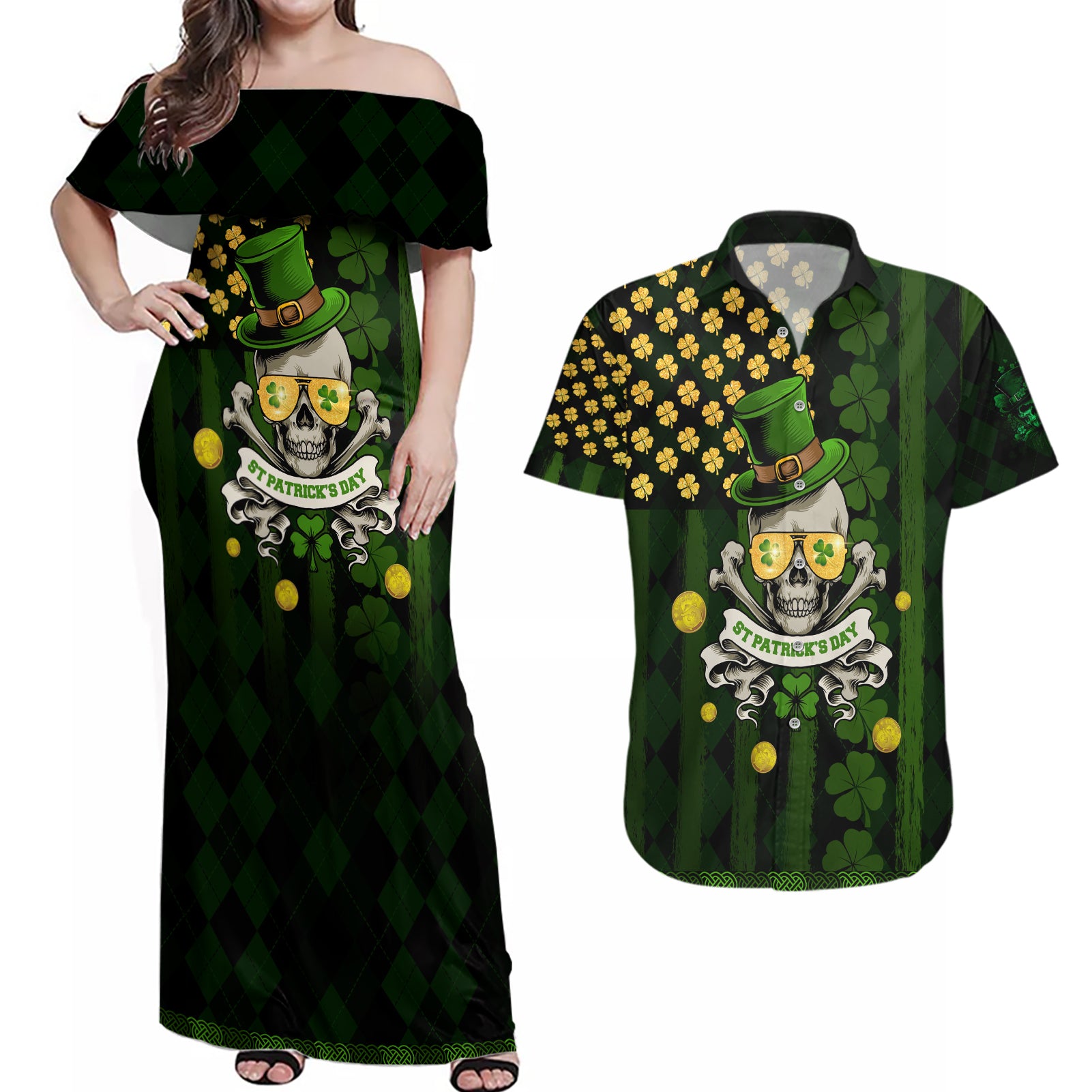 St Patrick's Day Skull Couples Matching Off Shoulder Maxi Dress and Hawaiian Shirt American Flag Shamrock - Wonder Print Shop