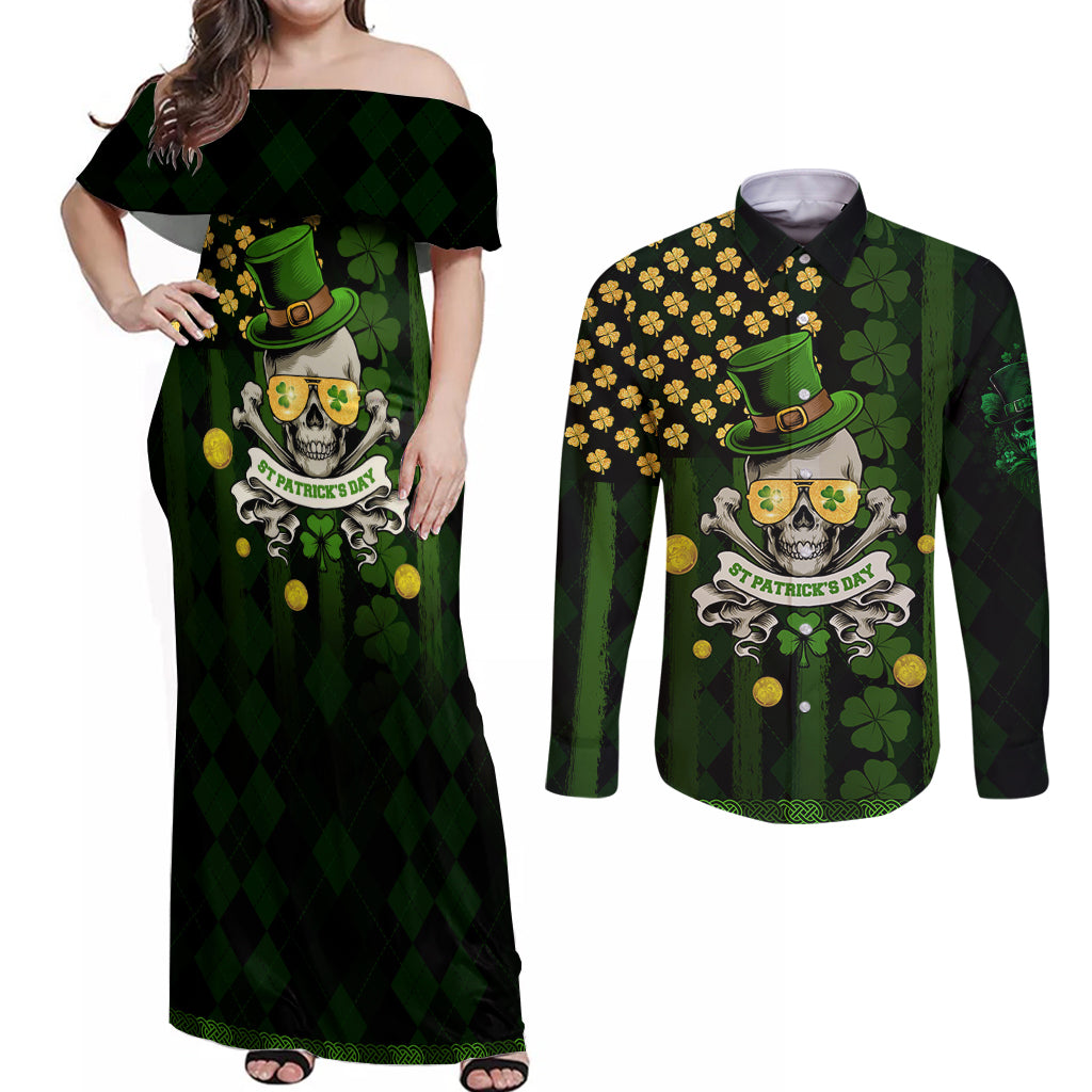 St Patrick's Day Skull Couples Matching Off Shoulder Maxi Dress and Long Sleeve Button Shirt American Flag Shamrock - Wonder Print Shop