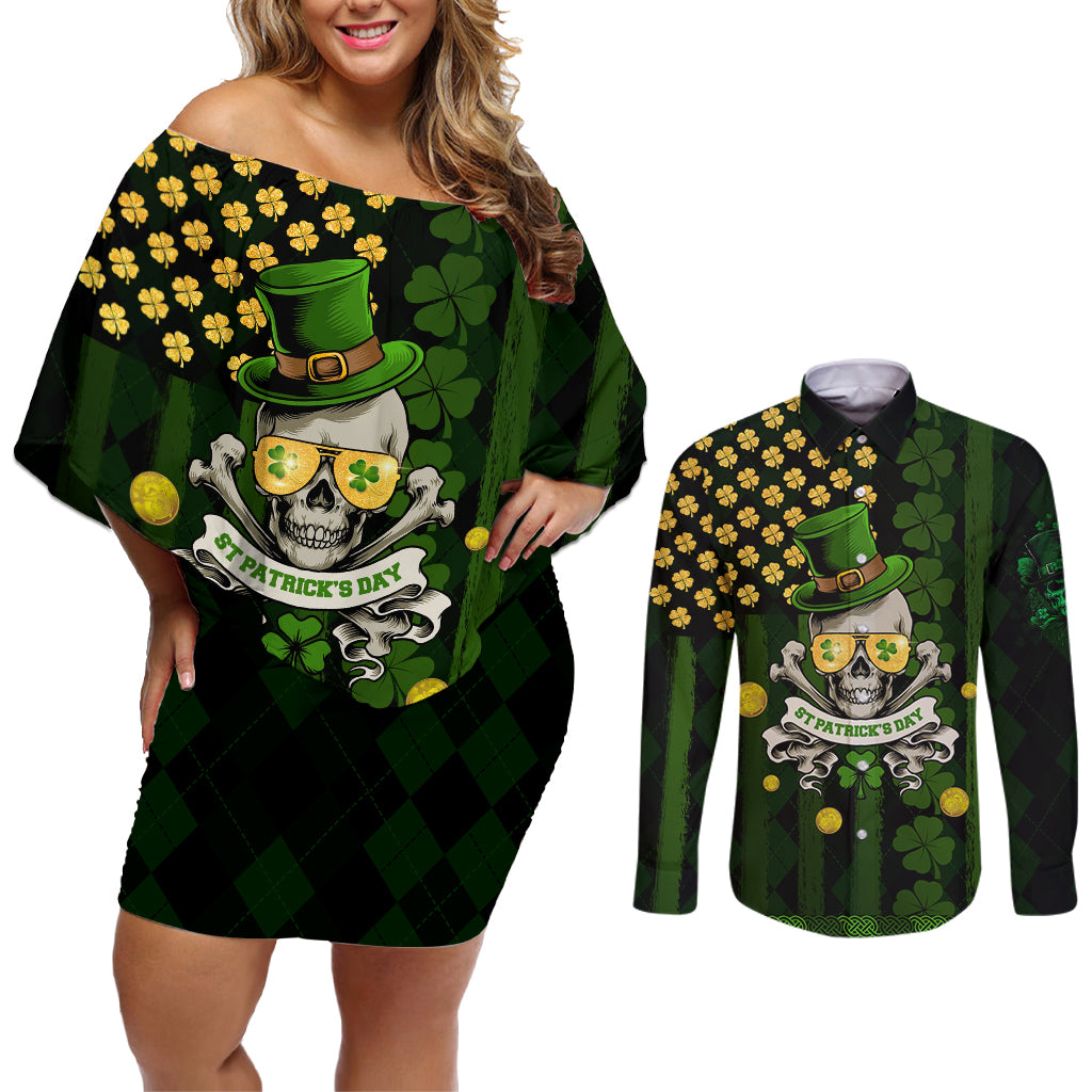 St Patrick's Day Skull Couples Matching Off Shoulder Short Dress and Long Sleeve Button Shirt American Flag Shamrock - Wonder Print Shop