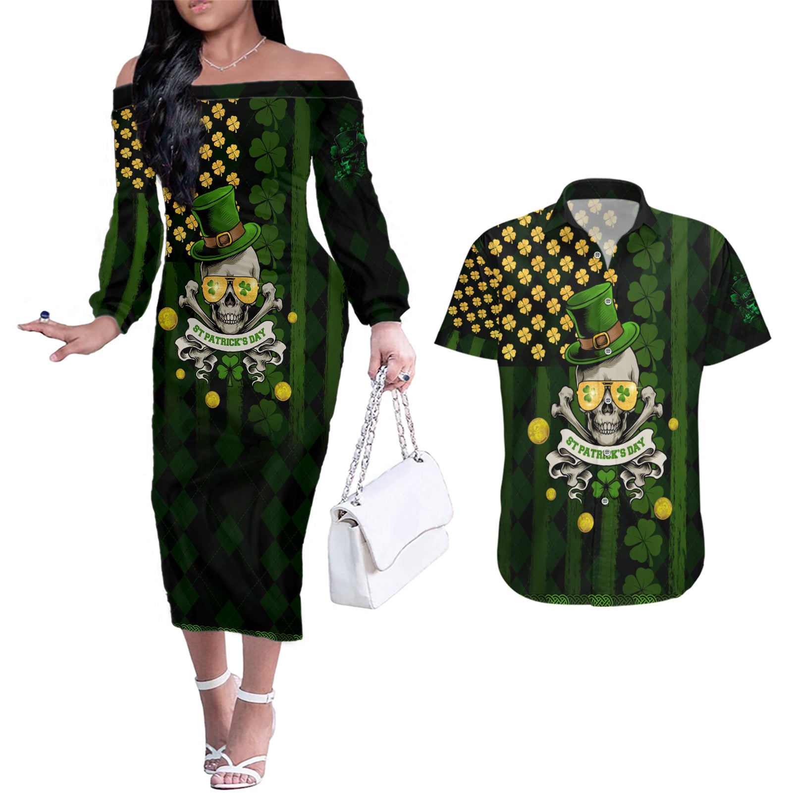 St Patrick's Day Skull Couples Matching Off The Shoulder Long Sleeve Dress and Hawaiian Shirt American Flag Shamrock - Wonder Print Shop