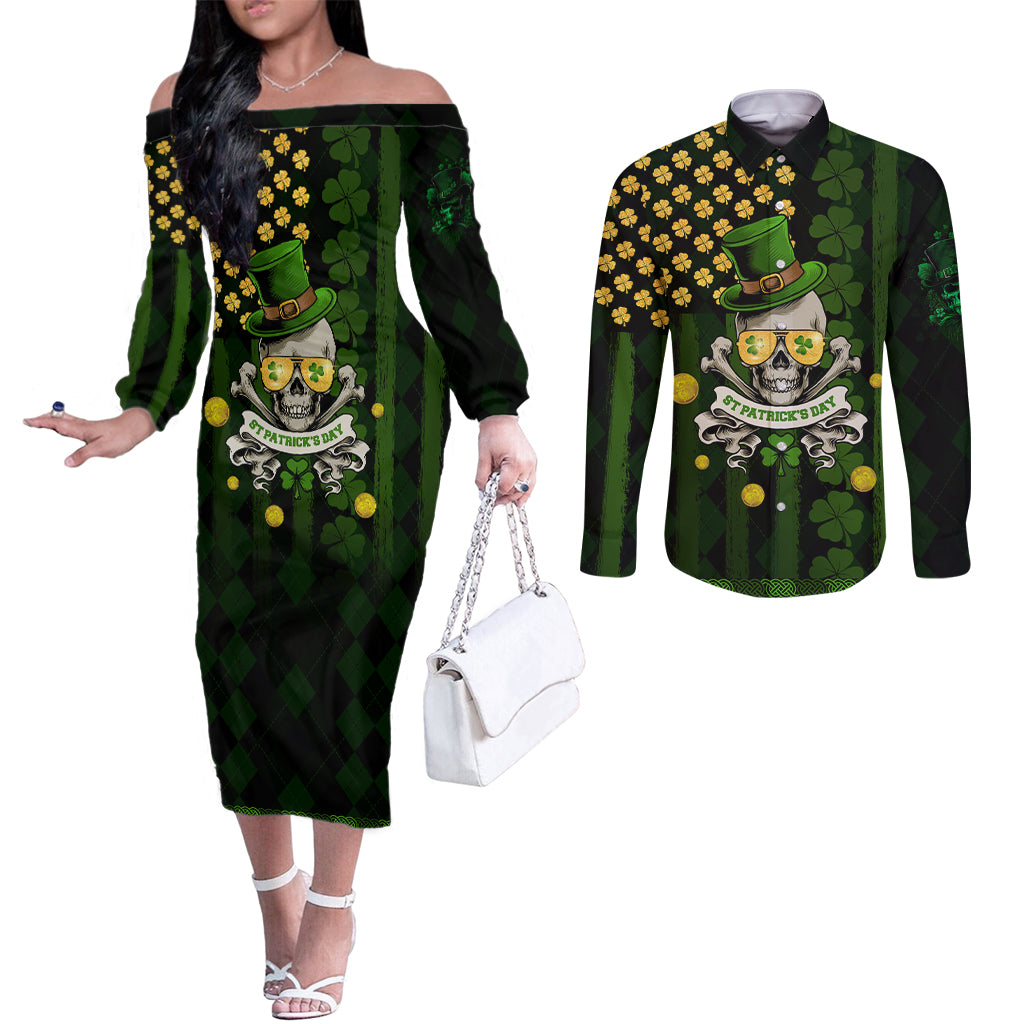 St Patrick's Day Skull Couples Matching Off The Shoulder Long Sleeve Dress and Long Sleeve Button Shirt American Flag Shamrock