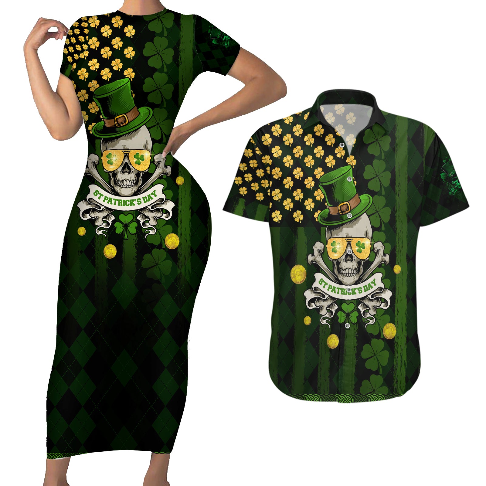 St Patrick's Day Skull Couples Matching Short Sleeve Bodycon Dress and Hawaiian Shirt American Flag Shamrock - Wonder Print Shop