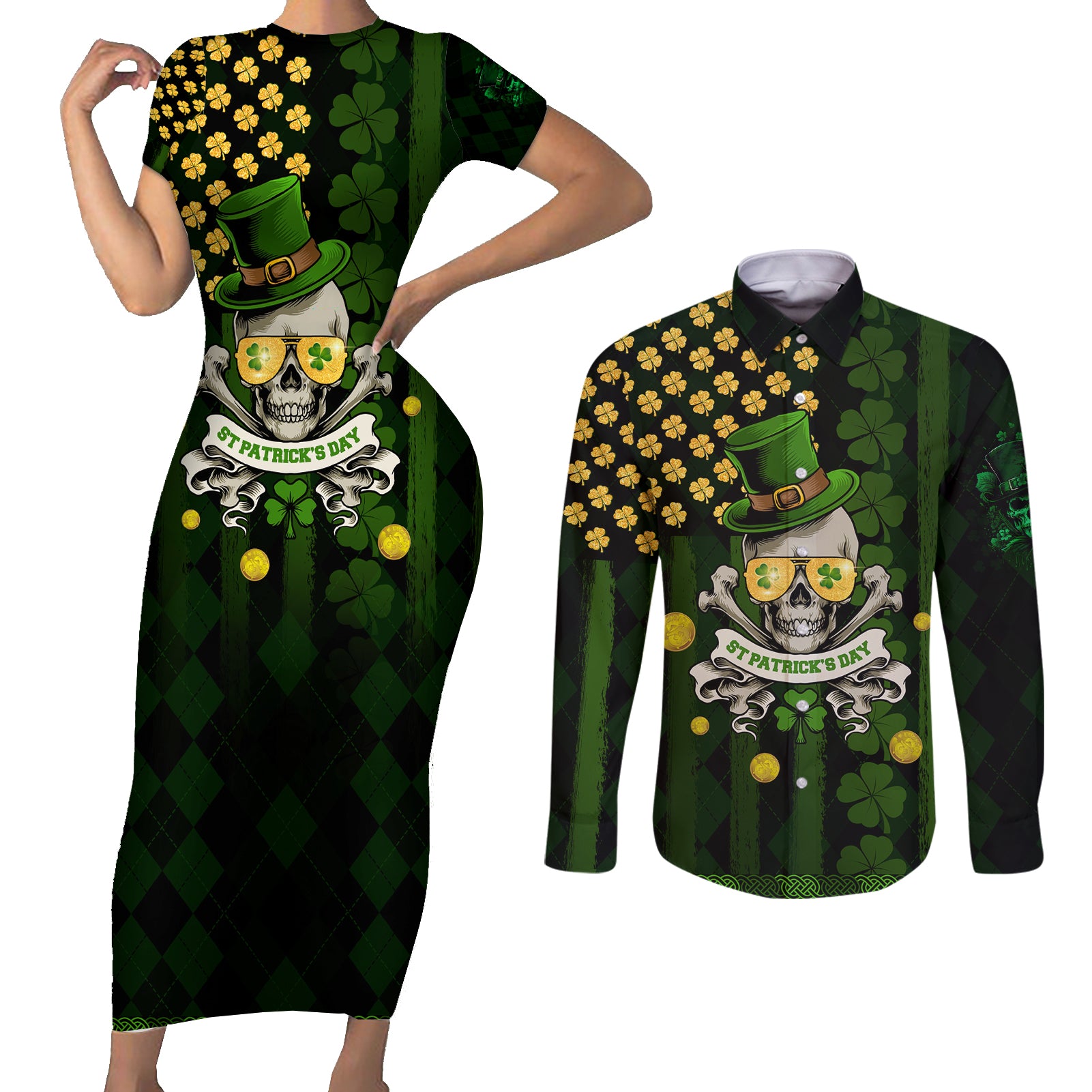 St Patrick's Day Skull Couples Matching Short Sleeve Bodycon Dress and Long Sleeve Button Shirt American Flag Shamrock - Wonder Print Shop