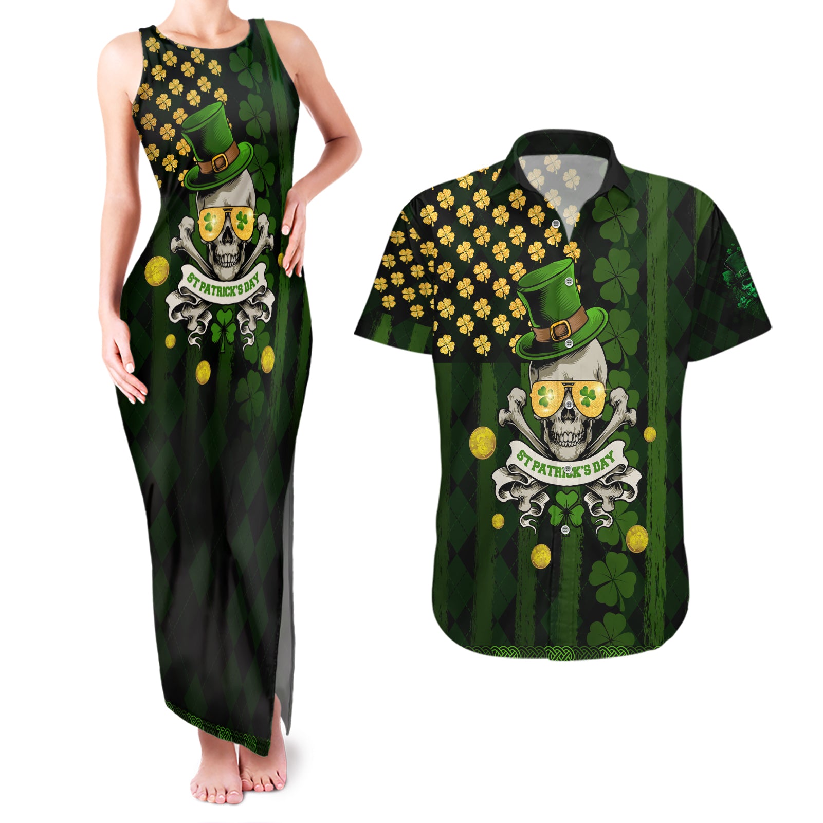 St Patrick's Day Skull Couples Matching Tank Maxi Dress and Hawaiian Shirt American Flag Shamrock - Wonder Print Shop