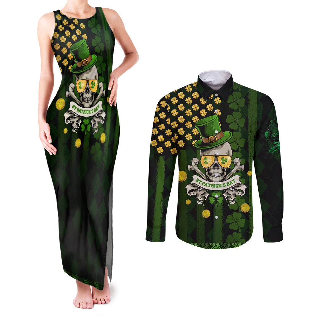 St Patrick's Day Skull Couples Matching Tank Maxi Dress and Long Sleeve Button Shirt American Flag Shamrock - Wonder Print Shop