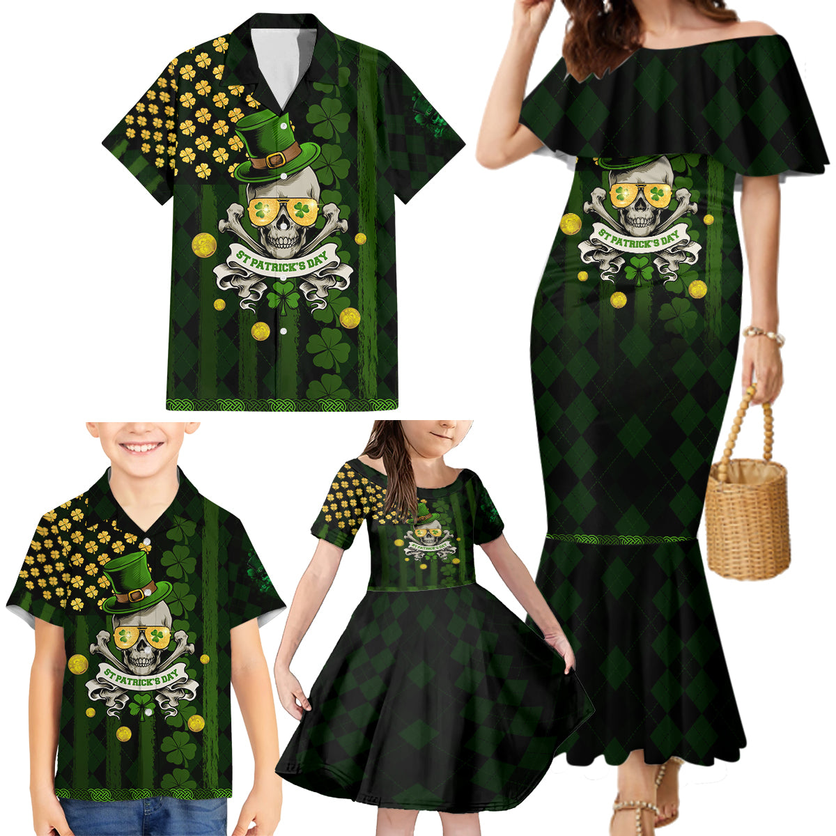 St Patrick's Day Skull Family Matching Mermaid Dress and Hawaiian Shirt American Flag Shamrock - Wonder Print Shop