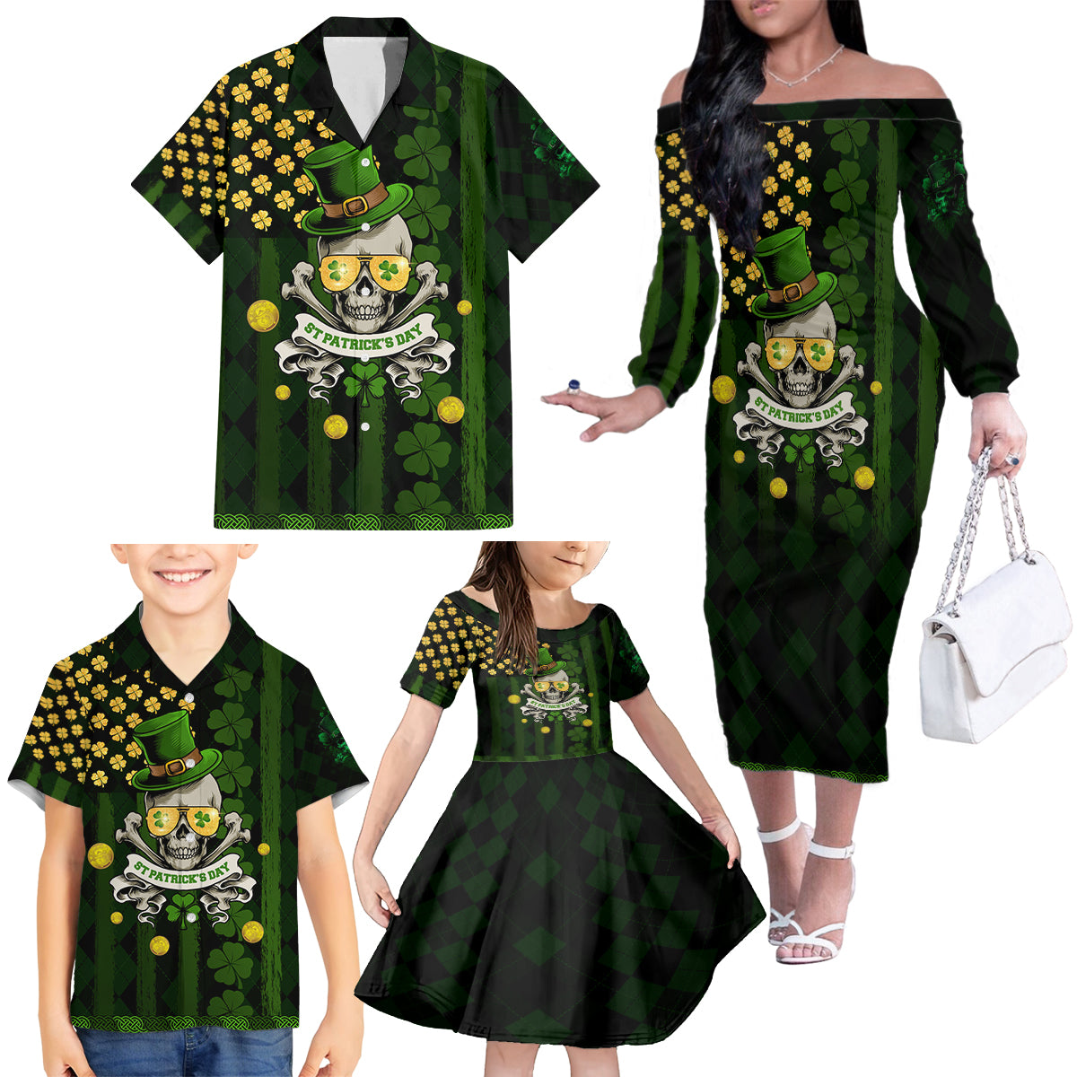 St Patrick's Day Skull Family Matching Off The Shoulder Long Sleeve Dress and Hawaiian Shirt American Flag Shamrock - Wonder Print Shop