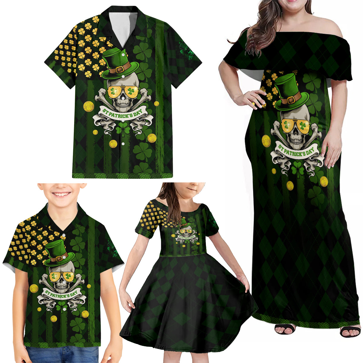 St Patrick's Day Skull Family Matching Off Shoulder Maxi Dress and Hawaiian Shirt American Flag Shamrock - Wonder Print Shop