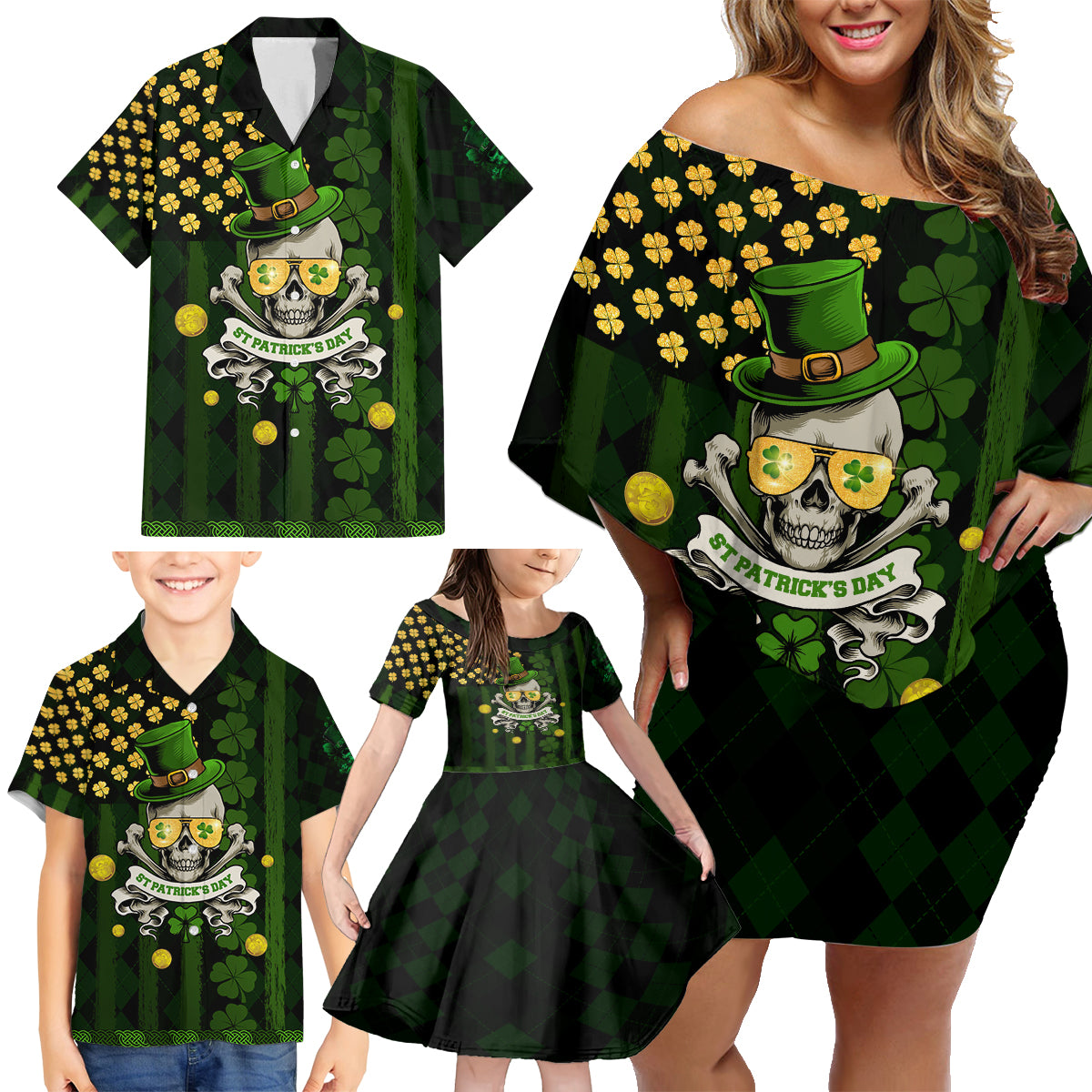 St Patrick's Day Skull Family Matching Off Shoulder Short Dress and Hawaiian Shirt American Flag Shamrock - Wonder Print Shop