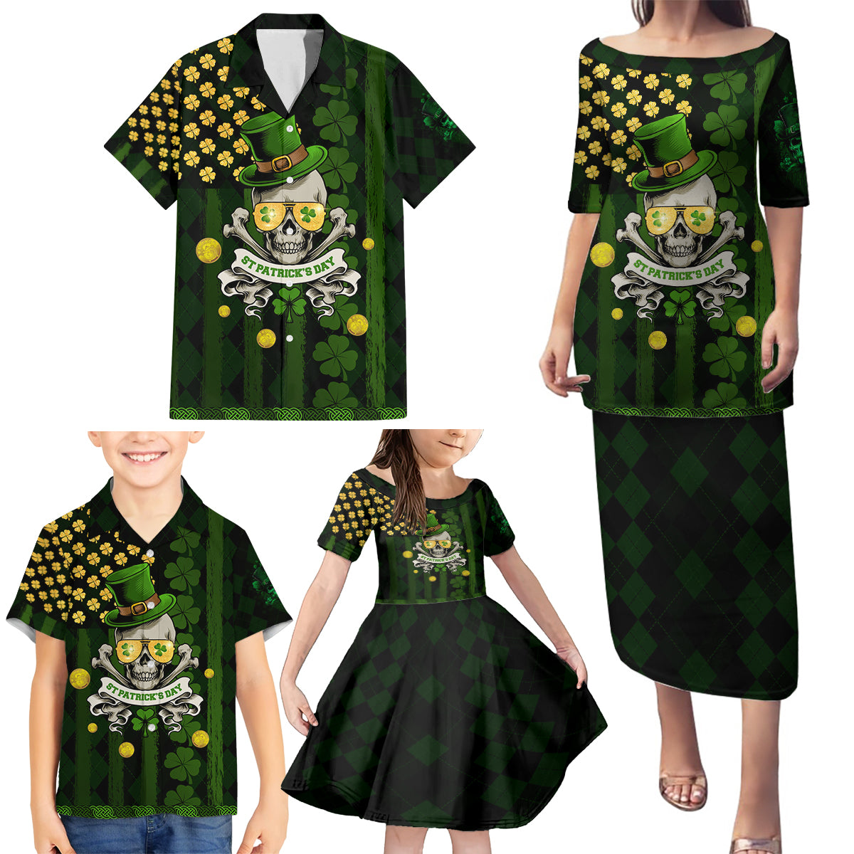 St Patrick's Day Skull Family Matching Puletasi and Hawaiian Shirt American Flag Shamrock - Wonder Print Shop