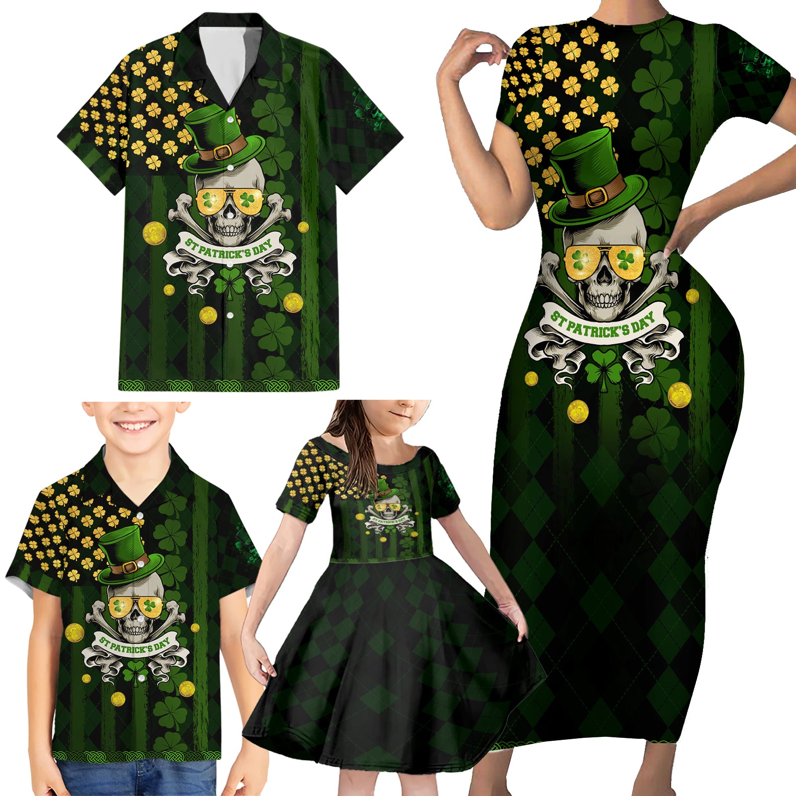 St Patrick's Day Skull Family Matching Short Sleeve Bodycon Dress and Hawaiian Shirt American Flag Shamrock - Wonder Print Shop