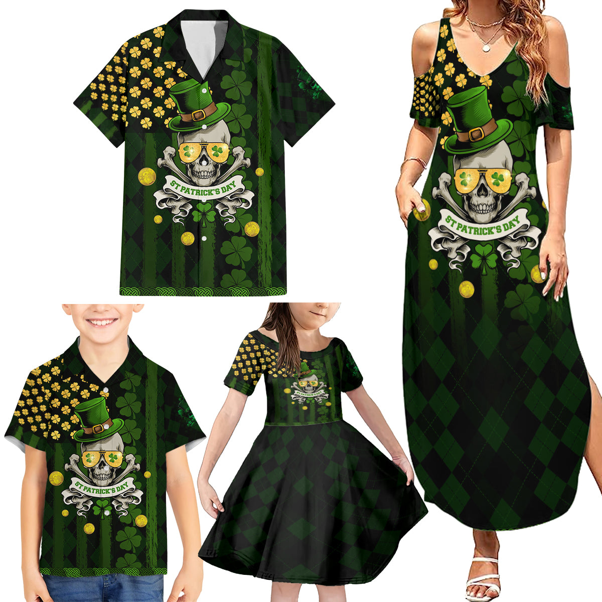 St Patrick's Day Skull Family Matching Summer Maxi Dress and Hawaiian Shirt American Flag Shamrock - Wonder Print Shop