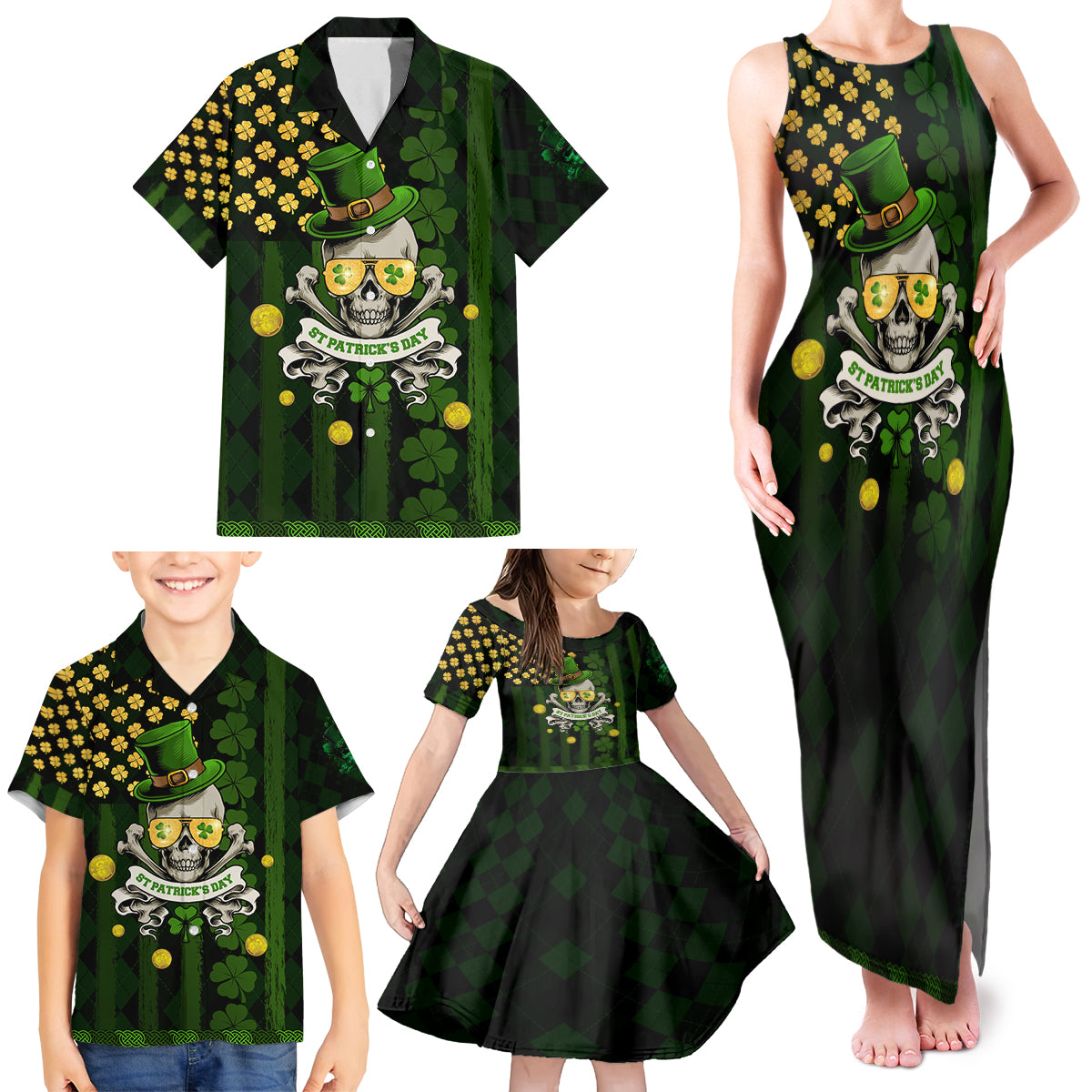 St Patrick's Day Skull Family Matching Tank Maxi Dress and Hawaiian Shirt American Flag Shamrock - Wonder Print Shop