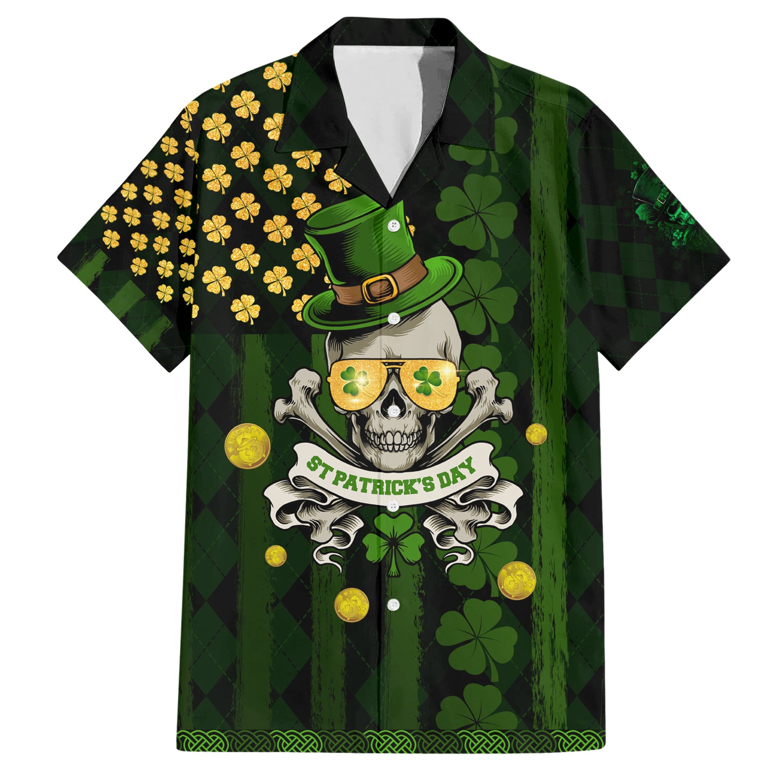 St Patrick's Day Skull Hawaiian Shirt American Flag Shamrock - Wonder Print Shop