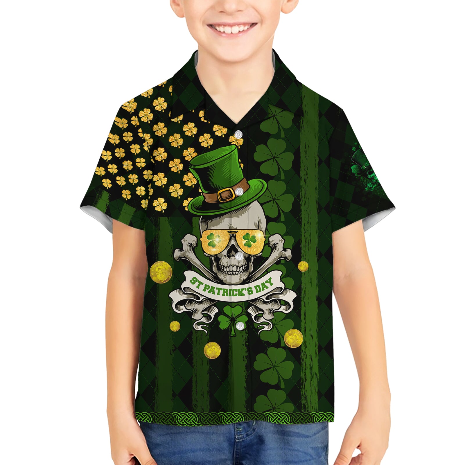 St Patrick's Day Skull Kid Hawaiian Shirt American Flag Shamrock - Wonder Print Shop