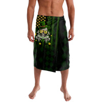 Men's knee-length lavalava with green shamrock skull graphic on dark background