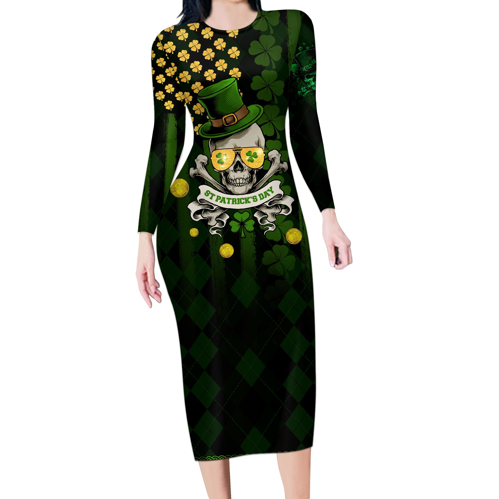 St Patrick's Day Skull Long Sleeve Bodycon Dress American Flag Shamrock - Wonder Print Shop