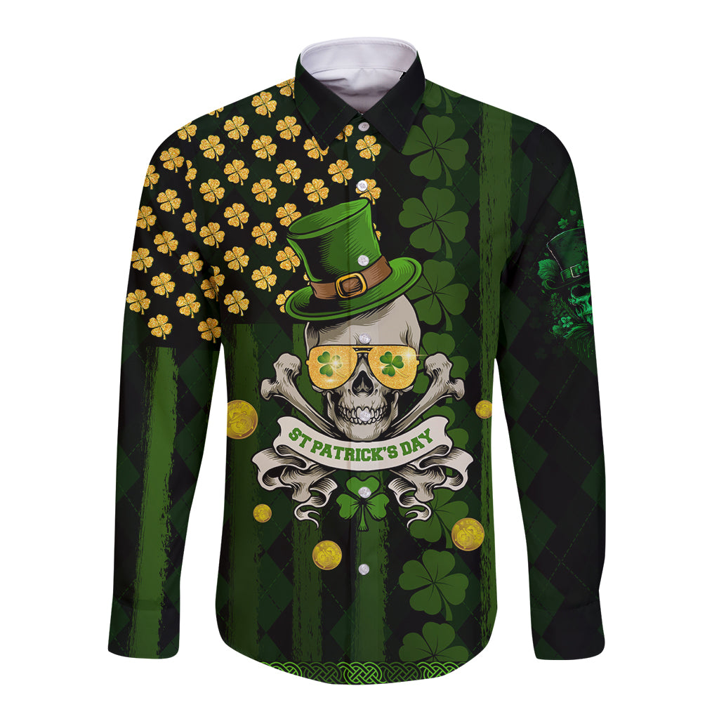 Black button-up long sleeve shirt with skull, shamrocks, and St. Patrick's Day graphic