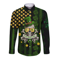 Black button-up long sleeve shirt with skull, shamrocks, and St. Patrick's Day graphic