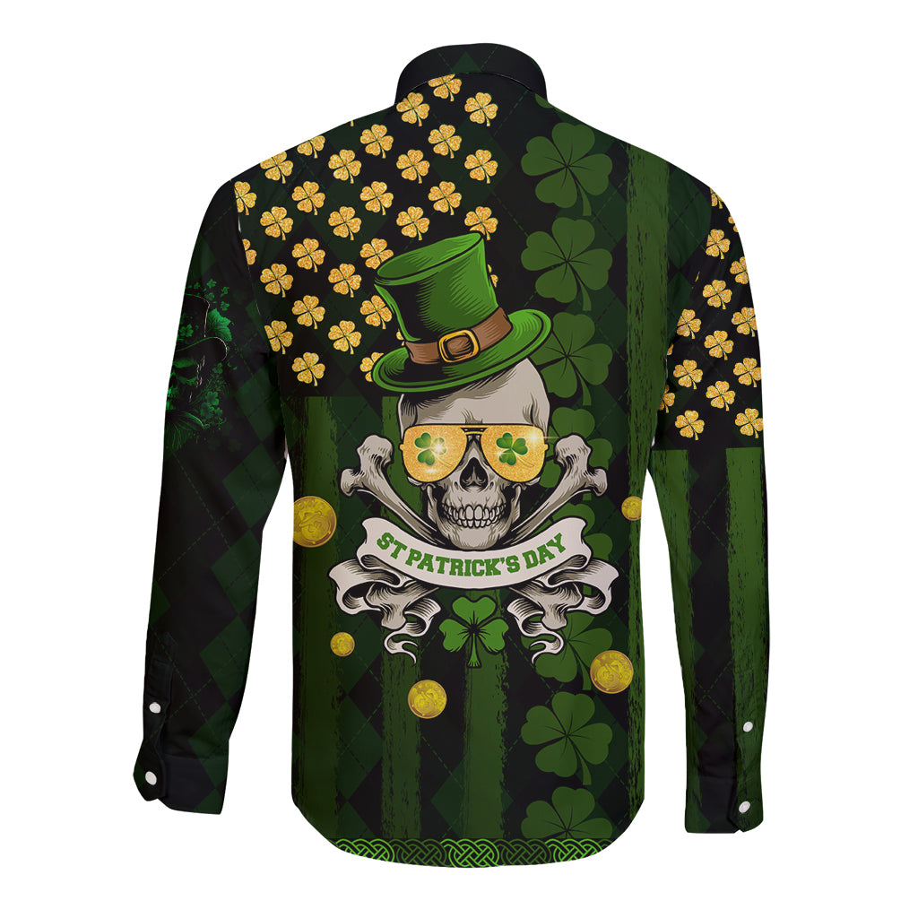 Black button-up long sleeve shirt with shamrock pattern and St. Patrick's Day skull artwork
