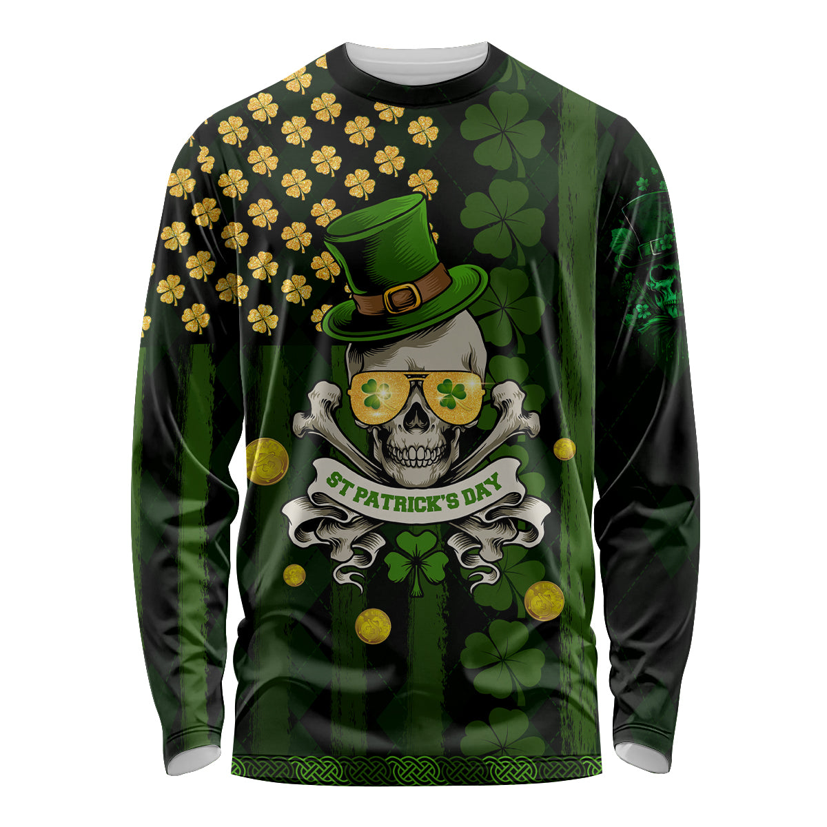 St Patrick's Day Skull Long Sleeve Shirt American Flag Shamrock - Wonder Print Shop