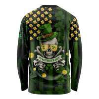Unisex long sleeve shirt, dark green skull, top hat and shamrock St. Patrick's Day graphic.