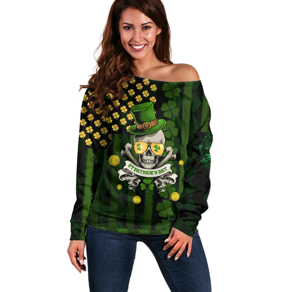 St Patrick's Day Skull Off Shoulder Sweater American Flag Shamrock - Wonder Print Shop