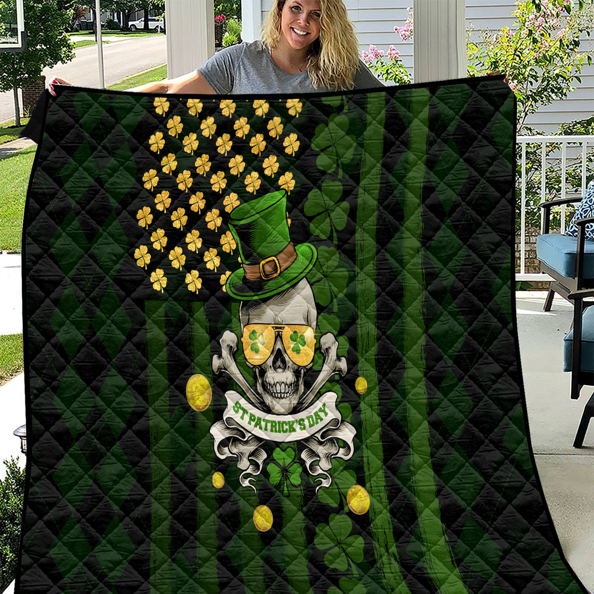 St Patrick's Day Skull Quilt American Flag Shamrock