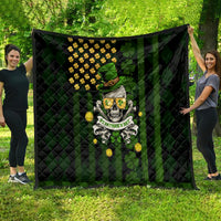 Black and green quilt featuring shamrock skull figure with gold clover accents and quilted texture