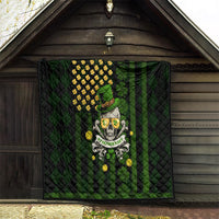 Black and green quilt with shamrock skull artwork, gold coins and quilted diamond pattern