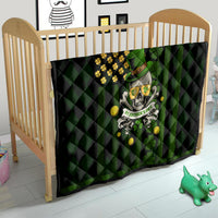 Black and green quilt for crib with shamrock skull graphic, gold clovers, and quilted pattern