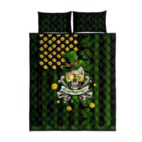 Black and green quilt bed set with matching shams, skull graphic, shamrocks, coins