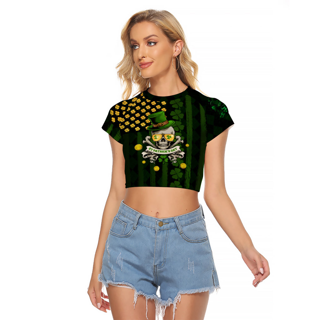 St Patrick's Day Skull Raglan Cropped T Shirt American Flag Shamrock - Wonder Print Shop