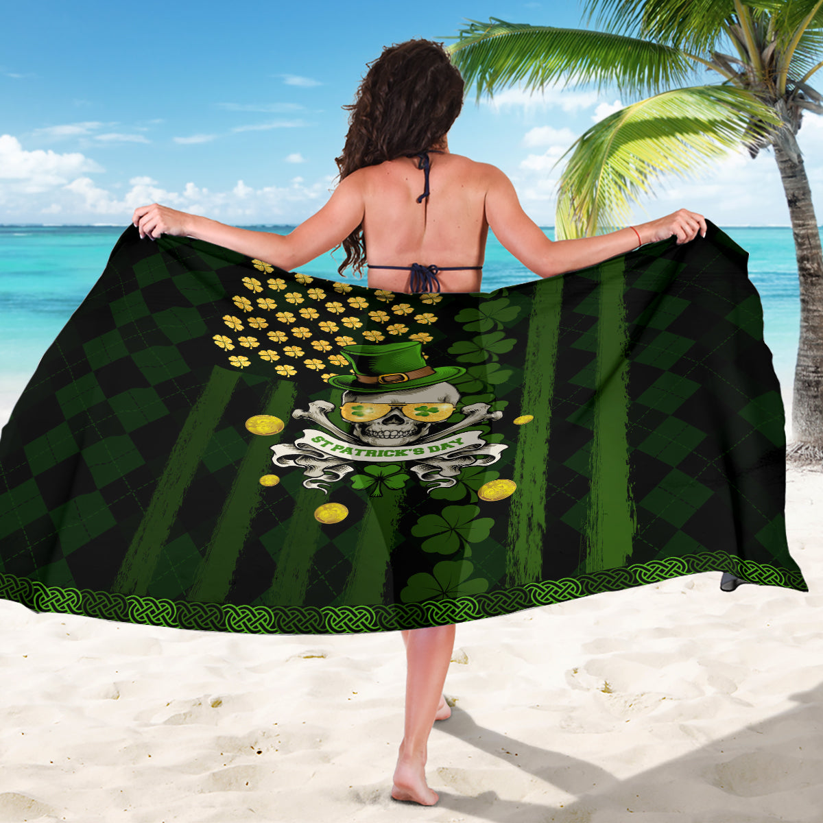 Black and green plaid sarong worn as wrap with skull shamrock center print