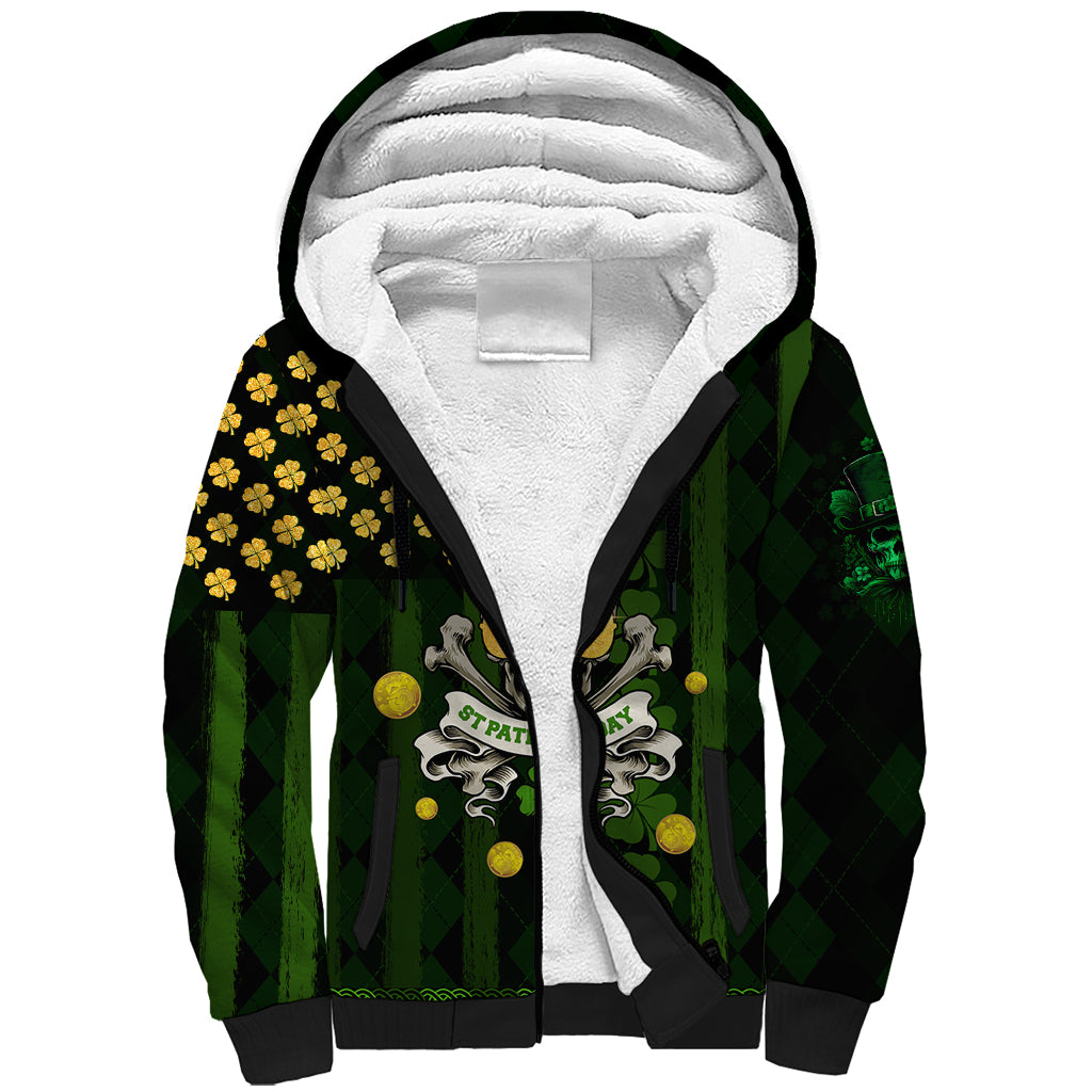 St Patrick's Day Skull Sherpa Hoodie American Flag Shamrock