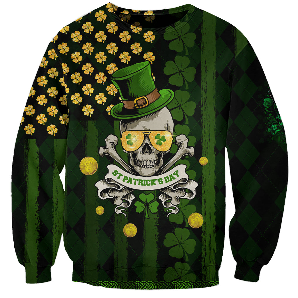 Unisex black crewneck sweatshirt front print: skull, leprechaun hat, shamrocks, St Patrick's Day
