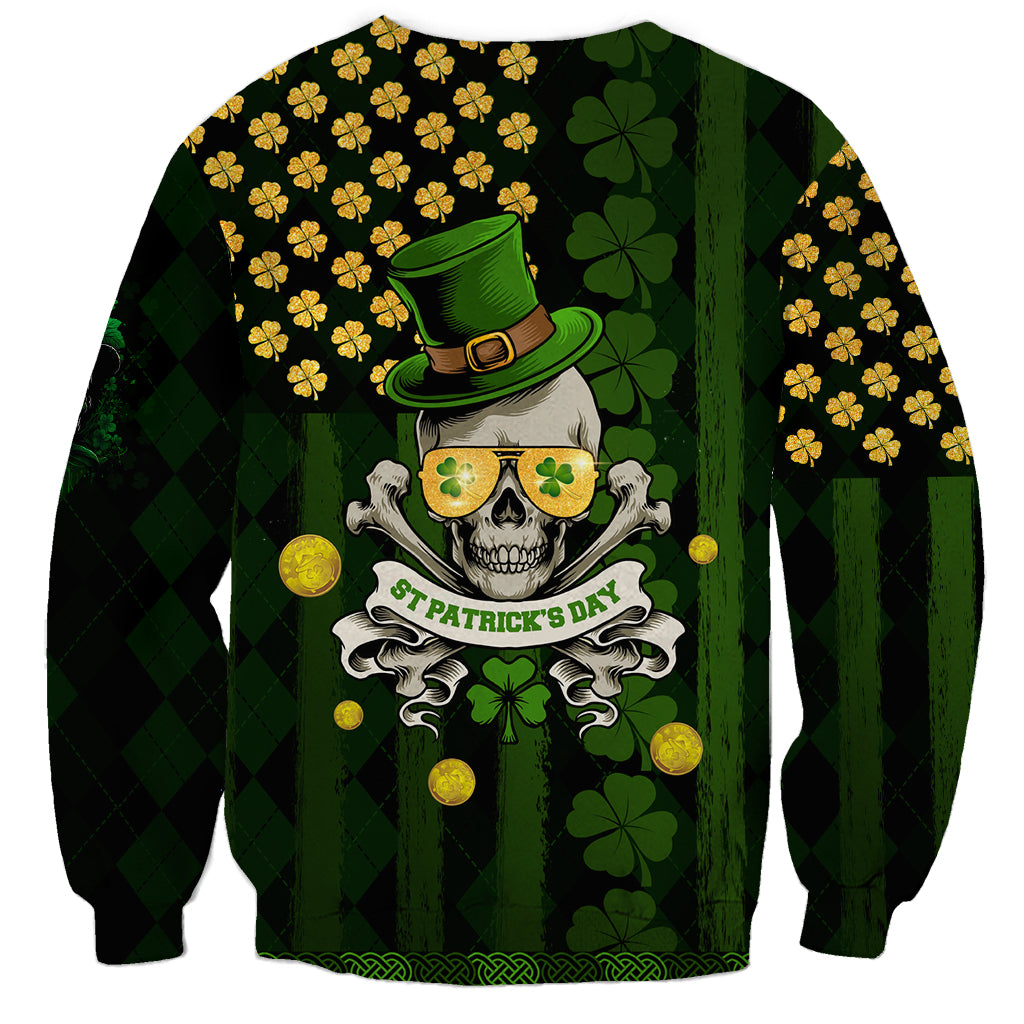 Unisex black crewneck sweatshirt back print: skull, leprechaun hat, shamrocks, St Patrick's Day