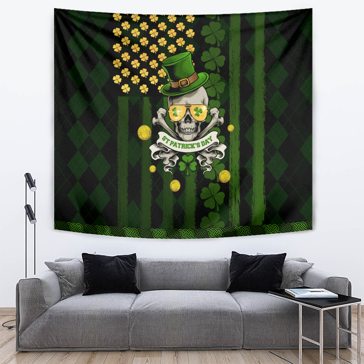 St Patrick's Day Skull Tapestry American Flag Shamrock