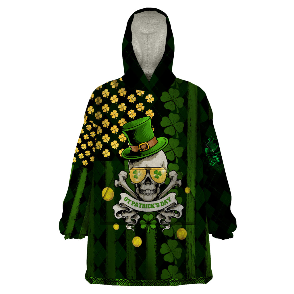 St Patrick's Day Skull Wearable Blanket Hoodie American Flag Shamrock